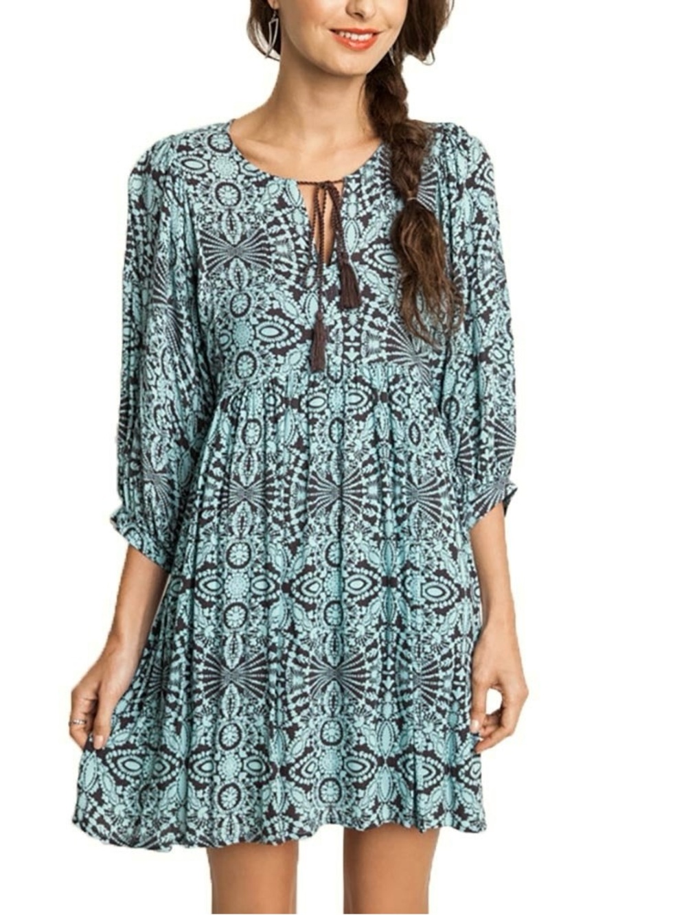 Umgee Bohemian Mint Brown Medallion Patterned Babydoll Tunic Mini Dress M
